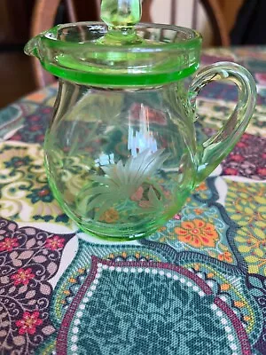 Vintage Etched Flower Green Glass Little Milk Pitcher With Lid • $55.95