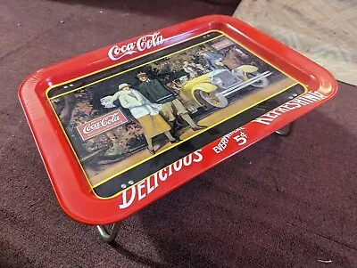 Vintage 1987 Coca-Cola Metal TV Lap Tray 1924 Design Touring Car W/ Folding Legs • $14.99