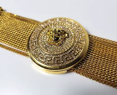 Vintage**VERSACE**Medusa-chain-crystals Bracelet**made In Italy**Gold Plated • $710