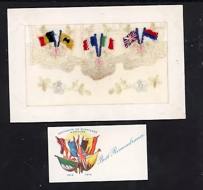 PC WW1 ALLIED FLAGS  + INSERT MILITARY EMBROIDERED WOVEN SILK C1917#1564 • £4.99