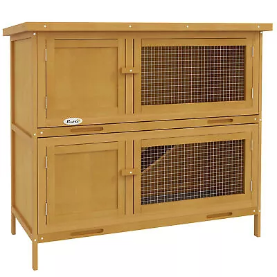 PawHut Double Decker Rabbit Hutch Bunny Cage Pet House Outdoor W/ Tray Yellow • £92.99