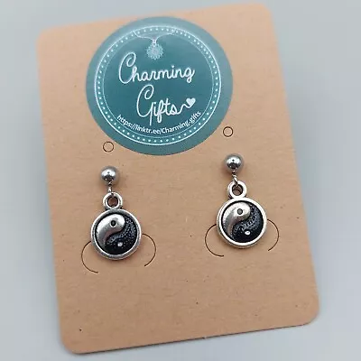 Yin Yang Earrings Studs With Tibetan Silver Charm Hand-Painted Charming Gift • £9.95