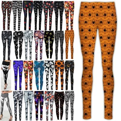 £12.99 • Buy Womens Halloween Pumpkin Stretchy Leggings Ladies Pants Spider Web Bats Skull