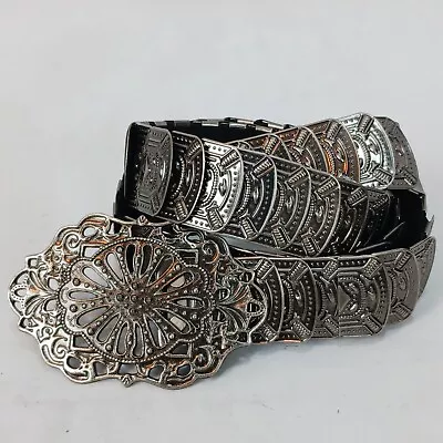 Vintage Silver Tone Metal Embossed Scale Stretch Belt Ornate Buckle • $19.80