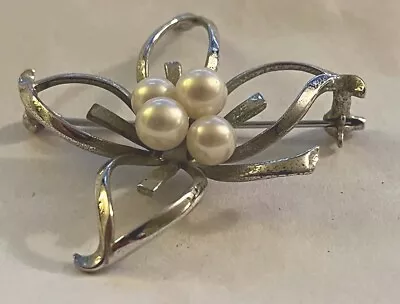 Sterling Silver 4 Japanese Akoya Cultured Pearl Floral Pin Brooch Mikimoto? • $58