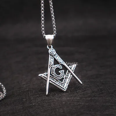 Mens Freemason Masonic Lodge Pendant Necklace Stainless Steel Silver Men Gift • £10.79