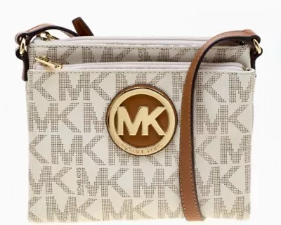 Michael Kors Jet Set Vanilla Brown Leather Fulton Logo Crossbody Handbag Purse • $58