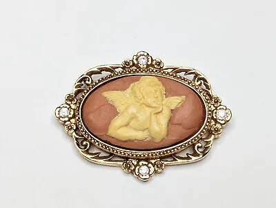 Vintage Vatican Library Acrylic Angel Cameo Glass Rhinestone Brooch Pin 1 3/4  • $19.99