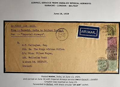 1929 Mhow India First Flight Airmail Cover FFC To Kings Rifles Belfast Ireland • £356.30