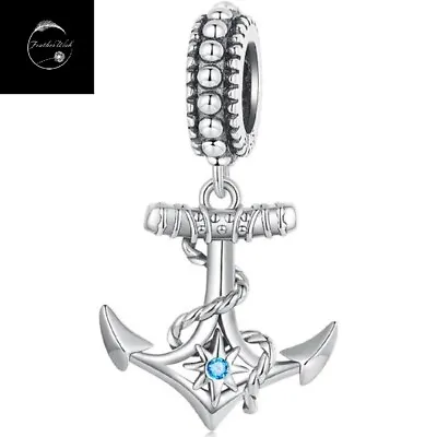 Genuine Sterling Silver 925 Anchor Ship Boat Sailing Dangle Charm With Blue CZ • £17.99