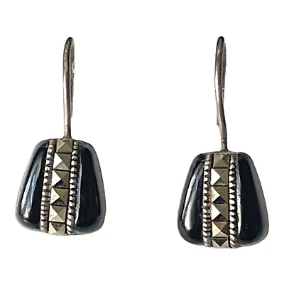 Sterling Silver Art Deco Revival Onyx Earrings Marcasites Post • $33.99