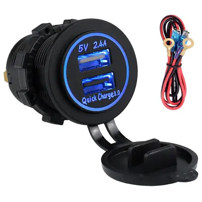 Dual USB Auto Car 2.4A Charger Dash Power Socket Quick Charge 3.0 Blue LED Cable • $16.43