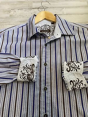 Zagiri Mens Long Sleeve Blue Brown Striped Shirt Embroidered Cuffs Xl • $15.99