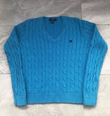 Ralph Lauren Chaps Jumper Womens Size Small Blue Cable Knit V-Neck Sweater • £16.99