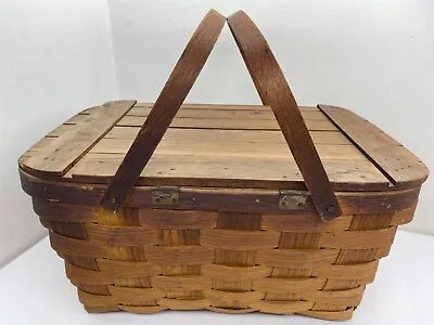 Vintage Large Woven Picnic Basket 18” X 9” Wicker Dark Wood Box W/ Latched Lid • $26.99