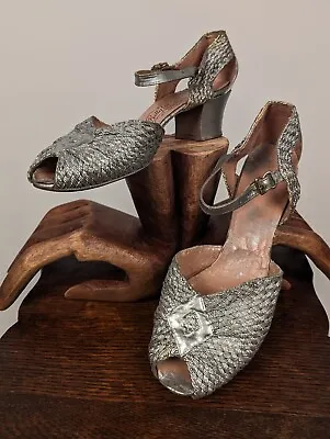 Antique 1930’s Burnished Silver High Heel Shoes W Open Toe  • $162.37