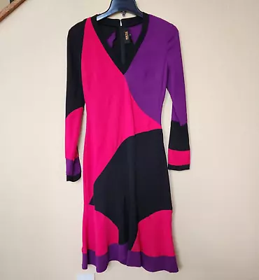 NK32 Naeem Khan Dress Long-Sleeve Pink Purple V-Neck A-Line Cocktail Party Sz 2 • $125