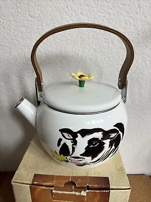 VTG Copco White Enamel Tea Kettle Pot Hardwood Handle Cow With Flowers Farmhouse • $24.99