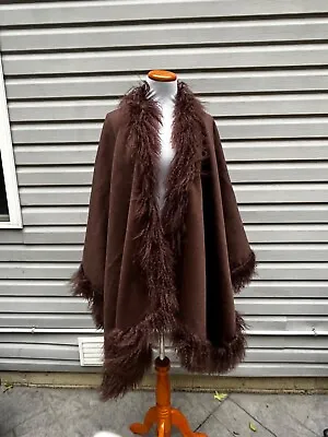 UNBRANDED BROWN Cape Wrap Shawl Poncho Ruana With Real MONGOLIAN Fur TRIM • $249.99