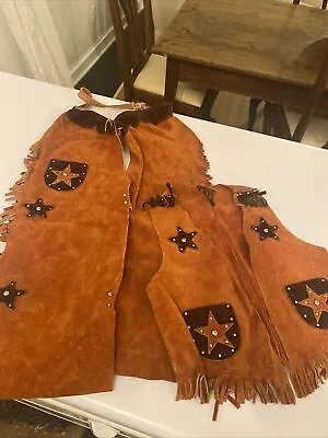 Western Cowboy/girl Vest  Chaps Suede Leather John R Craighead Child’s M Fringe • $38.88