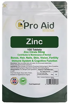 ZINC Tablets Supplement 50mg 100 Pack IMMUNE & SEXUAL Health MADE IN UK • £3.59