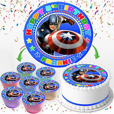 Captain America Birthday Personalised Edible Cake Topper  & Cupcake Toppers Ivf2 • £5.09