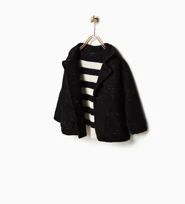 Zara Girls Fleecy Knit Coat Outwear Black Size 7-8 NWT • $39