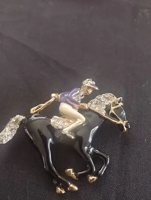 VTG GOLD TONE BROOCH PIN Race Horse Jockey Rider RHINESTONES EQUESTRIAN SPORT • £22.61