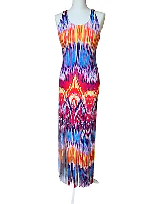 Unbranded Festival Dress Stretch Bright Red Blue Size Large 12 14 Bust 36 38 • £4.95