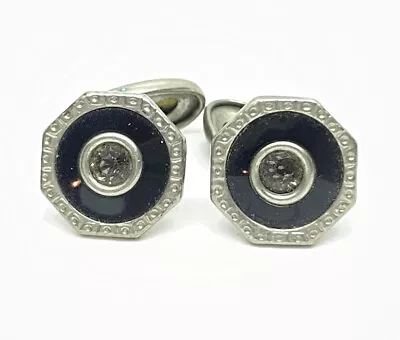 Vintage Art Deco Black Onyx Enamel Rhinestone Whale Back Cufflinks • $10