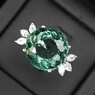 Aquamarine Blue Green Round 13.6Ct. 925 Sterling Silver Handmade Ring Size 8.25 • $19.99