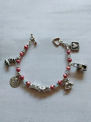 Vintage NWOT Bead Bracelet Sterling Silver Charms Baby Theme Pink Pearl Crystal • $84.99