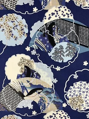 Japanese Cotton Fabric Silver Blue Geisha Floral Oriental Chinoiserie Craft • £12.20