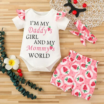 $23.49 • Buy Newborn Baby Girls Summer Letter Romper+Floral Shorts+Headbands Outfits Set -
