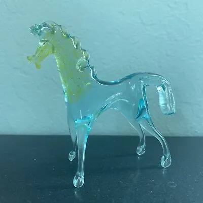 Vintage Hand Blown Glass Horse Figurine Blue & Yellow  - 3.5  Tall • $12