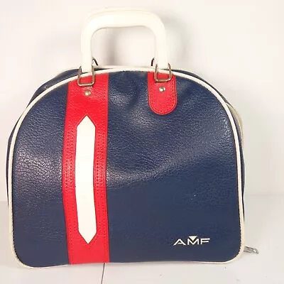 Vintage AMF Bowling Ball Bag With Metal Rack Inside Blue Red White Stripe • $18.99