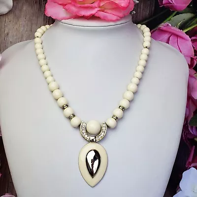 Vintage Ivory Color Lucite Beaded Gold Tone Attached Pendant Necklace Choker • $19.95