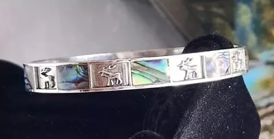 Abalone Shell Inlay Raised Elk Silver Tone Bangle Bracelet 8¾ Inches Around • $24