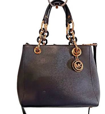 Michael Kors Cynthia Satchel Saffiano Leather Crossbody MD Tote Black Gold HD • $78