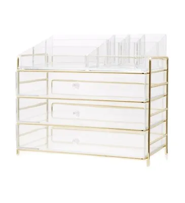 BNWT Tili Framed Acrylic Storage Drawers Set Make Up Cosmetics Gold Three Tier • £25