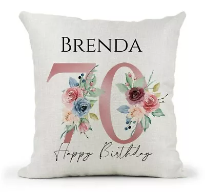 Personalised 70th Birthday Cushion For Her Pink Blue Floral Nan Mum Friend Gift • £12.99