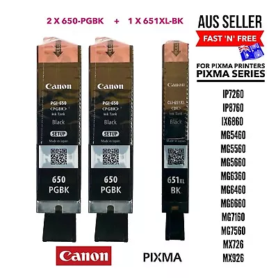 Canon PIXMA -  2 X 650 (PGI650BK) PLUS 1 X 651XL Black Ink Cartridges • $45