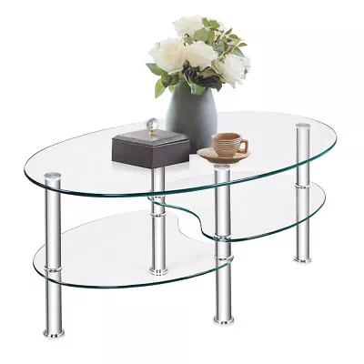 Tempered Glass Oval Side Coffee Table Shelf Chrome Base Living Room Clear New • $79.99