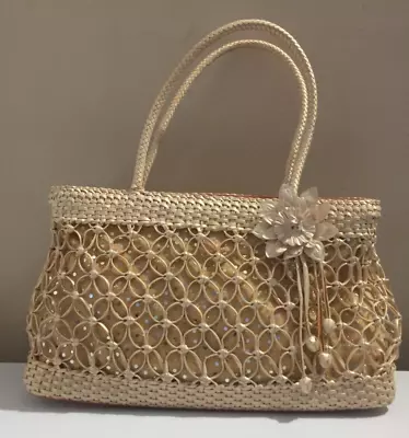 Woman's Cream Faux Rattan Tote Handbag With Mirror Dots 2 Top Handles Bag Flower • $15