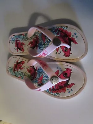 ED HARDY Vintage  Pink Flip Flops SHOES  6M Skulls Koi Fish Pisces Size 7- 7.5 • $19.95