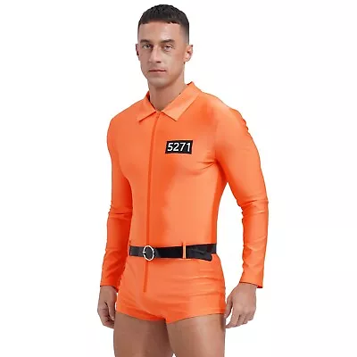 Mens Bodysuits Slim Fit Rompers For Halloween Catsuits Prison Overalls Orange • £8.99