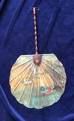 £50 • Buy Vintage Paper Mache Hand Fan With Hand Painted Rare? Bamboo Style Wooden Handle