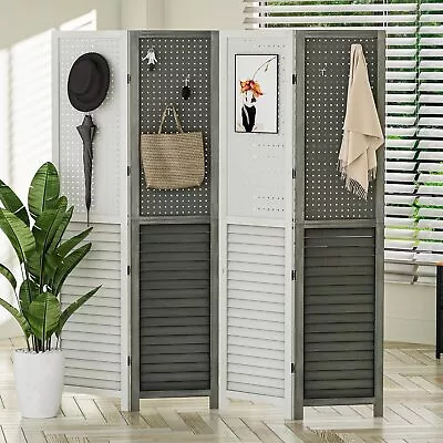 5.6FT Wood Room Divider 4 Panel Folding Privacy Screens And Pegboard Display F • $114.98