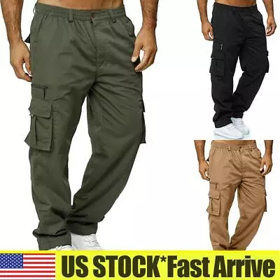 ⭐️️Mens Casual Cargo Combat Work Pants Joggers Gym Sports Elastic Waist Trousers • $21.24