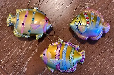 Christmas Ornament LOT OF 3 Tropical Fish Bead Glitter Colorful Blown Glass Vtg • $23.99